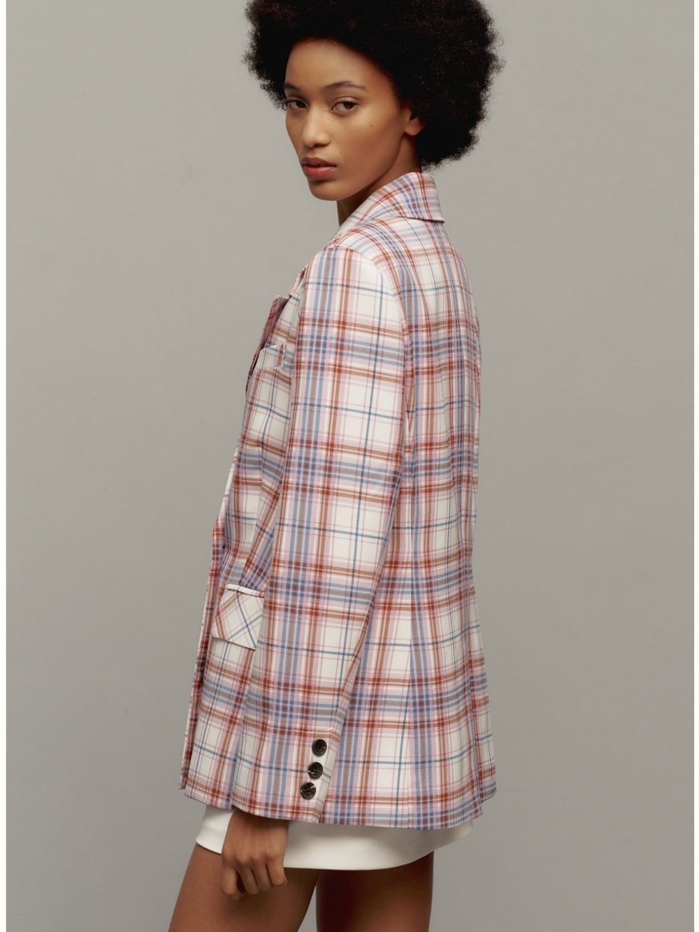Avec Les Filles Plaid Blazer in White, Red & Blue